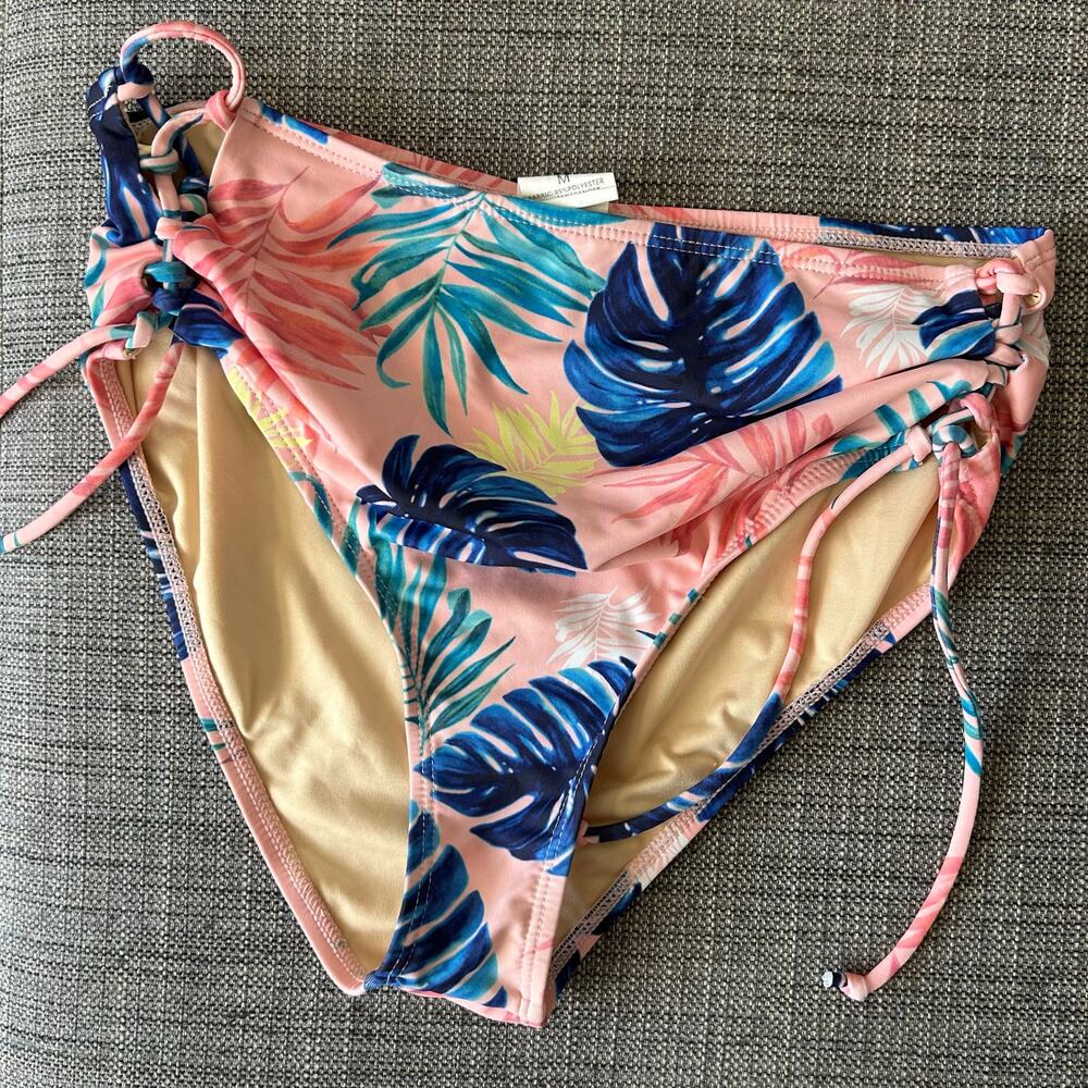 Beach Joy Bikini Bottom Pink Tropical Leaf Print Adjustable Sides Size M